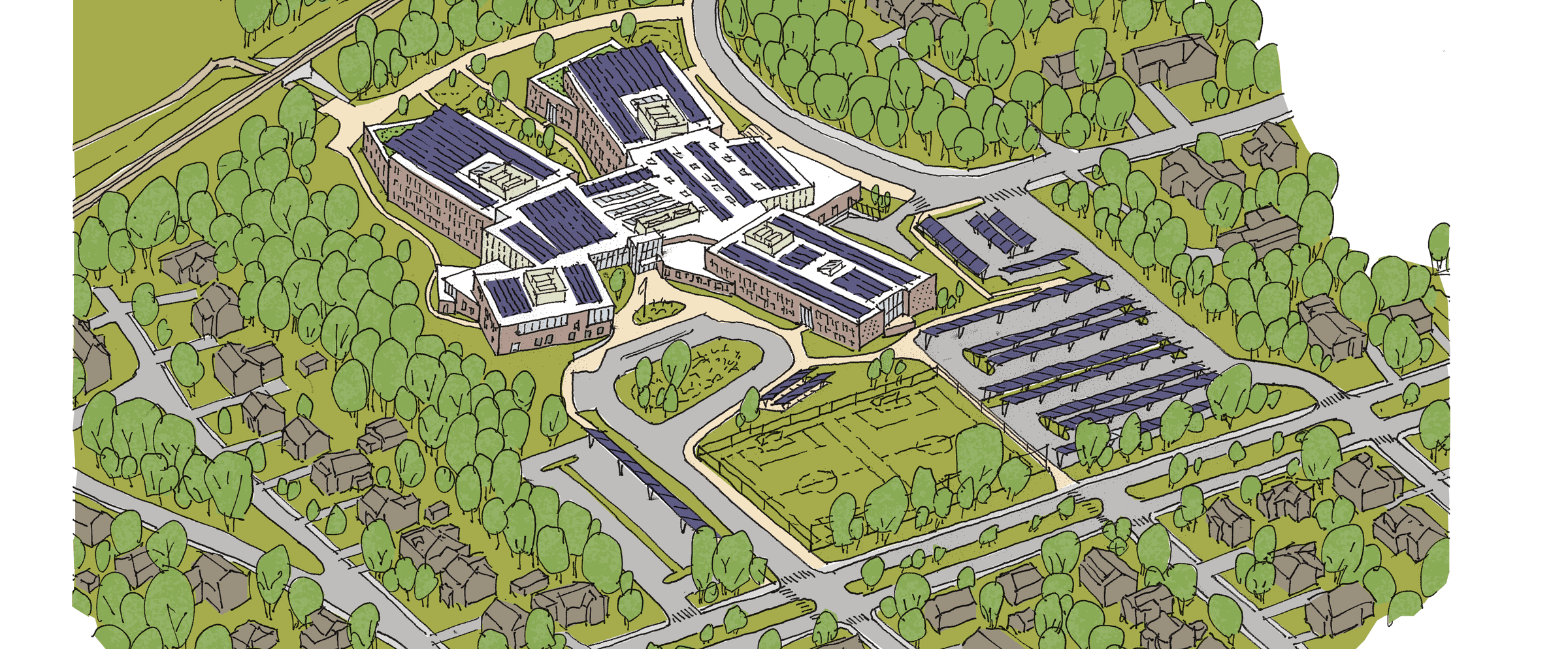 Illustrated bird's-eye view of the proposed new Pollard Middle School campus showing the interconnected building wings with solar panels on the rooftops, solar-canopy-covered parking, an athletic field, and a network of walking paths, all nestled within the surrounding tree-lined Needham neighborhood.