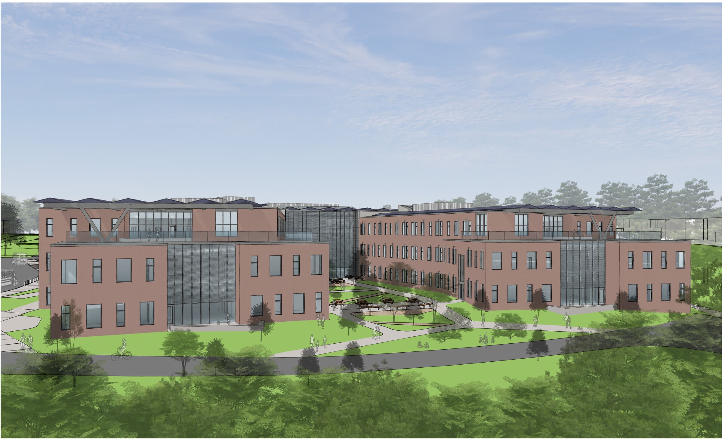Architect's rendering of the proposed new Pollard Middle School seen from the MBTA rail side. The long red-brick building with banks of windows and a stepped roofline sits above landscaped grounds and walking paths, with mature trees behind.