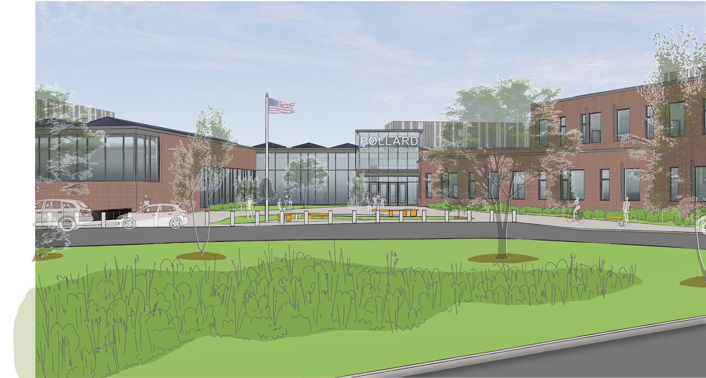 Architect's rendering of the proposed new Pollard Middle School seen from the main entrance. A modern red-brick building with a large glass entry framed by metal-clad walls and “Pollard Middle School” signage, an American flag on a pole out front, and a planted rain-garden meadow in the foreground. People walk and bike along the entry drive.