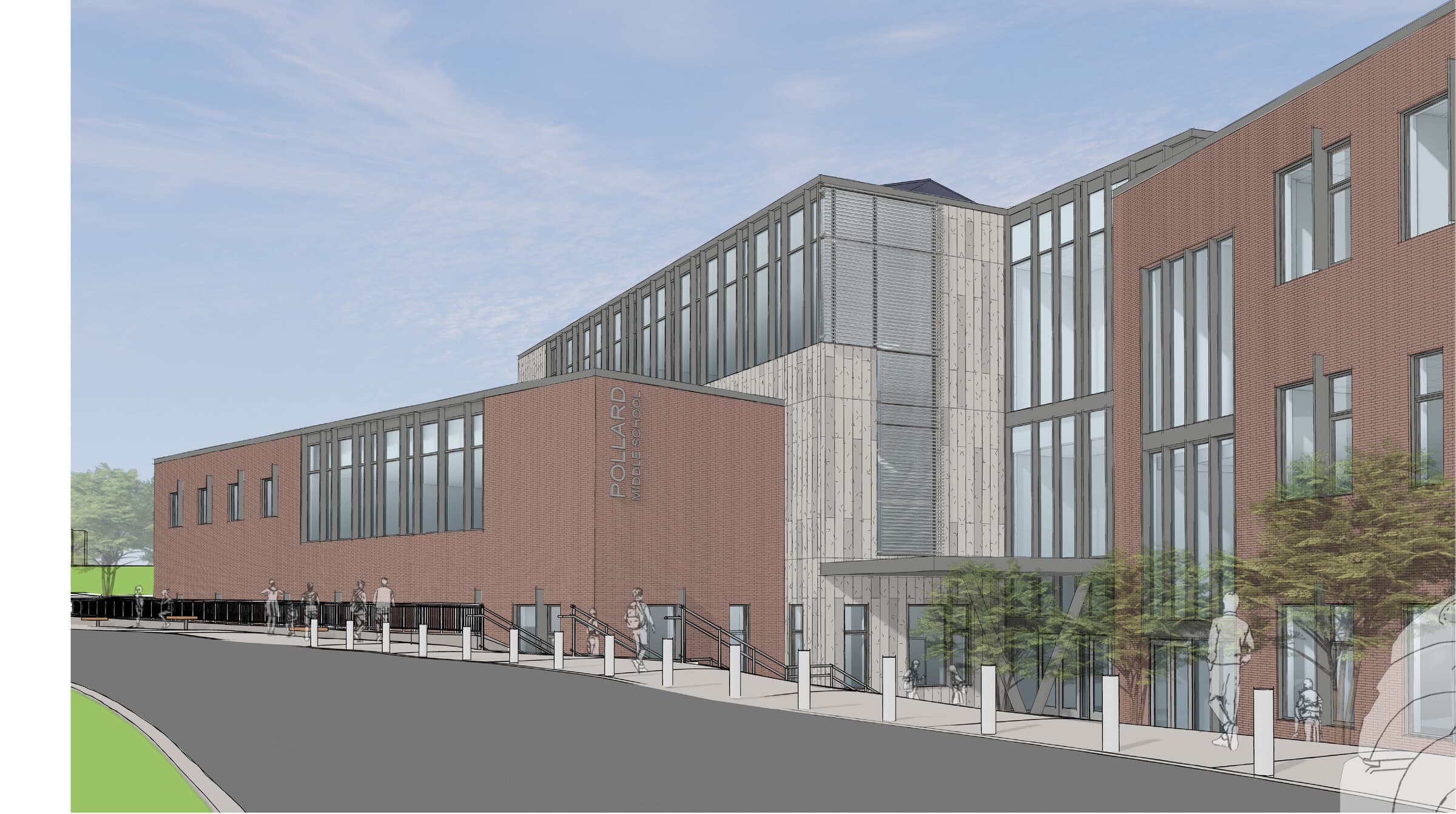 Architect's rendering of the proposed new Pollard Middle School seen from the secondary entrance. A three-story red-brick and metal-panel building steps up around a glazed stair tower, with students walking up steps and a ramp toward the door beneath the vertical “Pollard Middle School” sign.